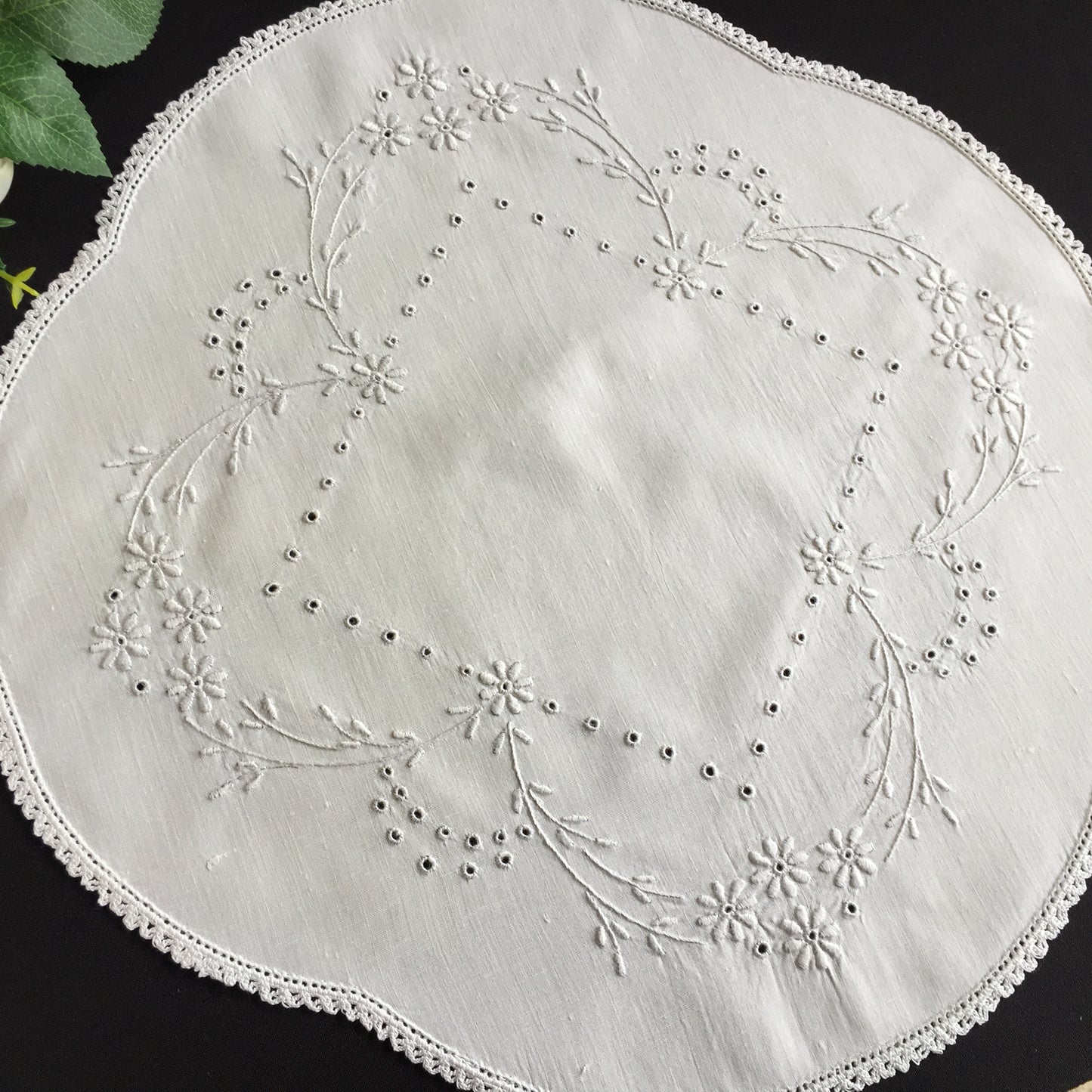 Antique Hand Embroidered Broderie Anglaise White 16" Table Centre Doily