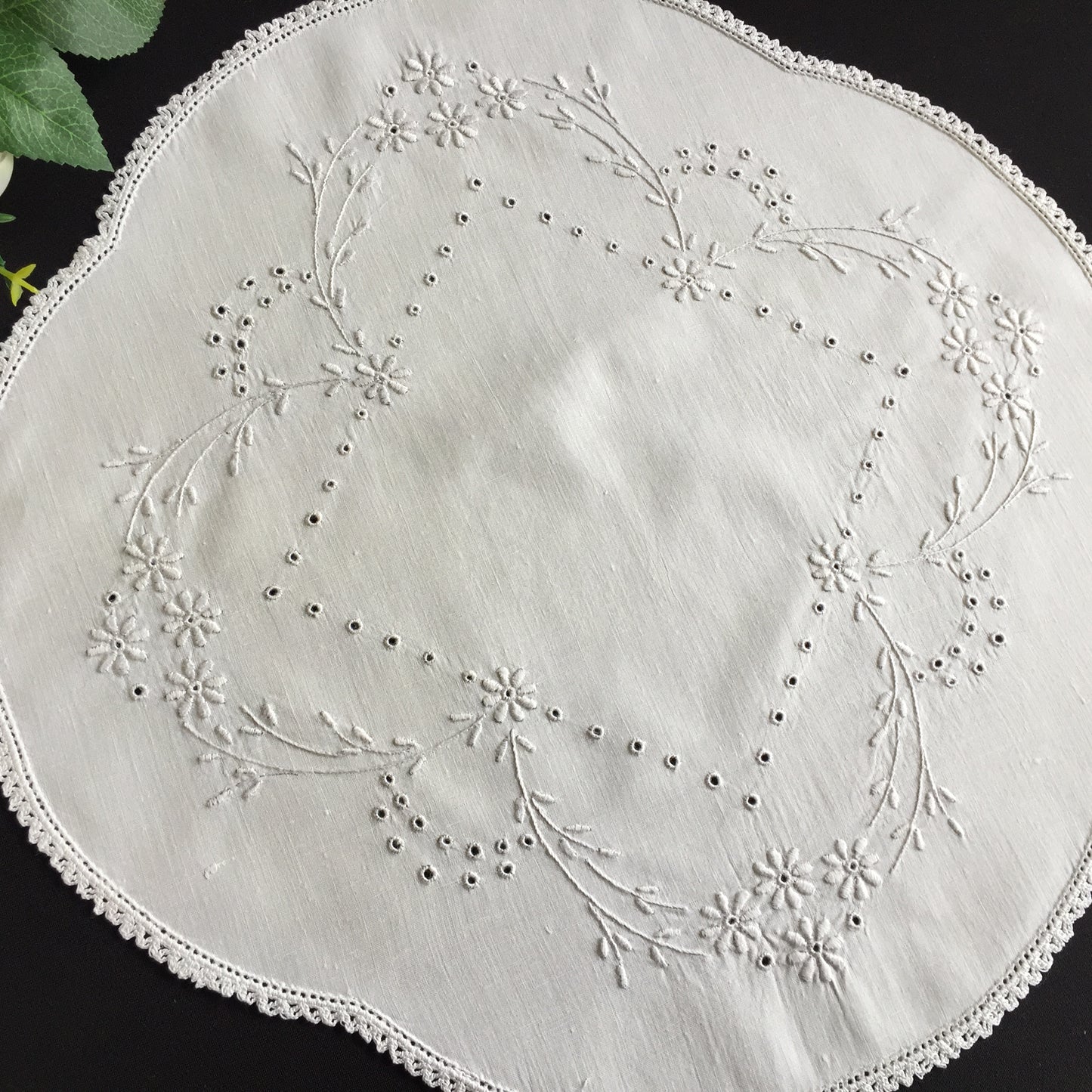 Antique Hand Embroidered Broderie Anglaise White 16" Table Centre Doily