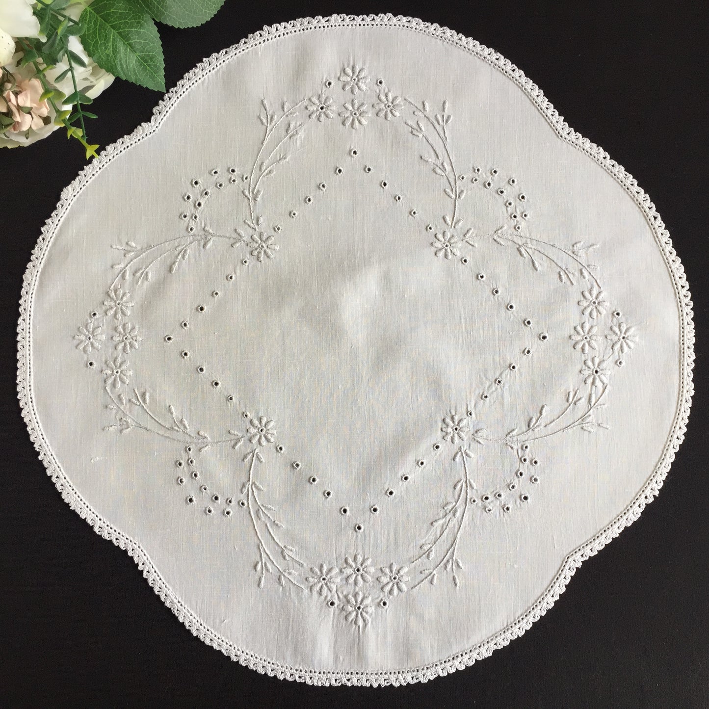 Antique Hand Embroidered Broderie Anglaise White 16" Table Centre Doily