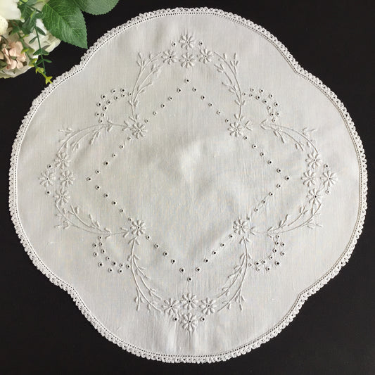 Antique Hand Embroidered Broderie Anglaise White 16" Table Centre Doily