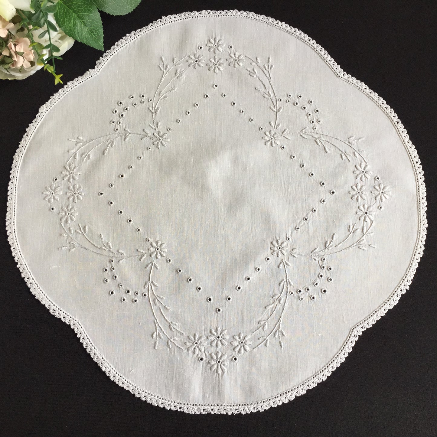 Antique Hand Embroidered Broderie Anglaise White 16" Table Centre Doily