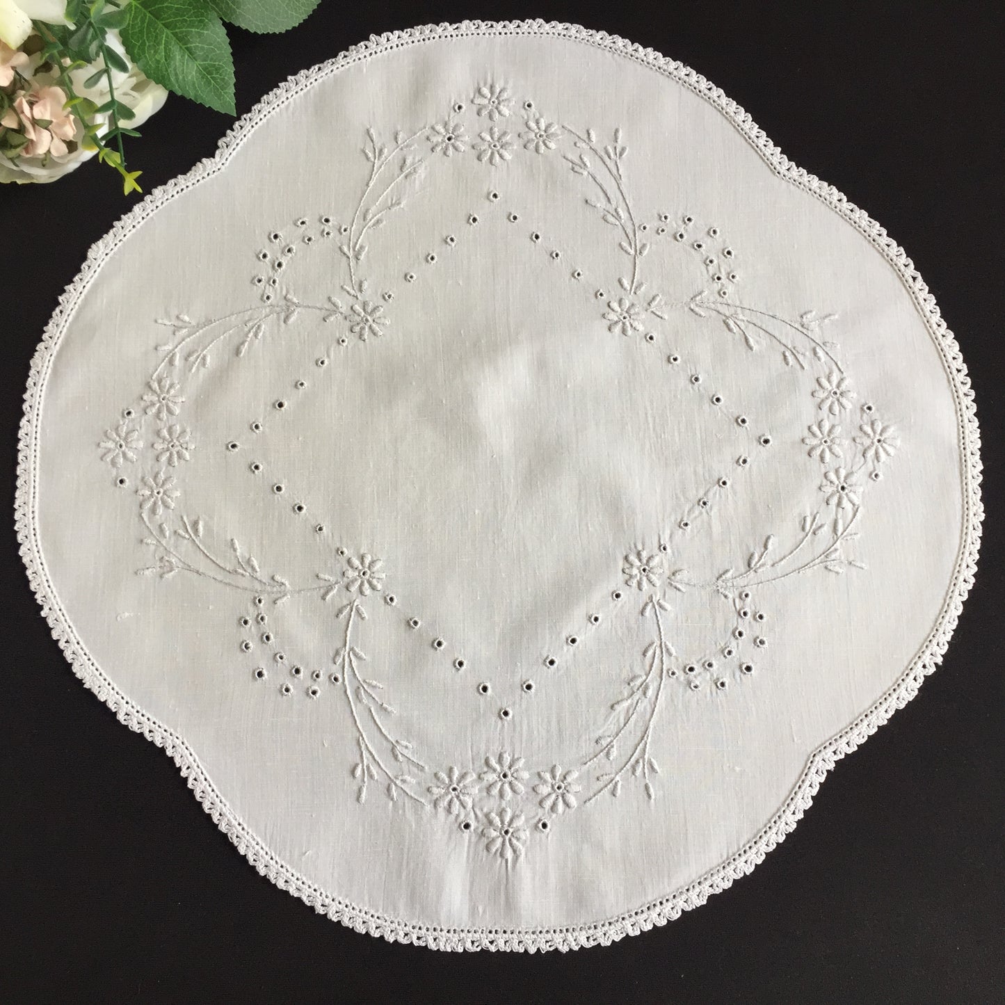Antique Hand Embroidered Broderie Anglaise White 16" Table Centre Doily