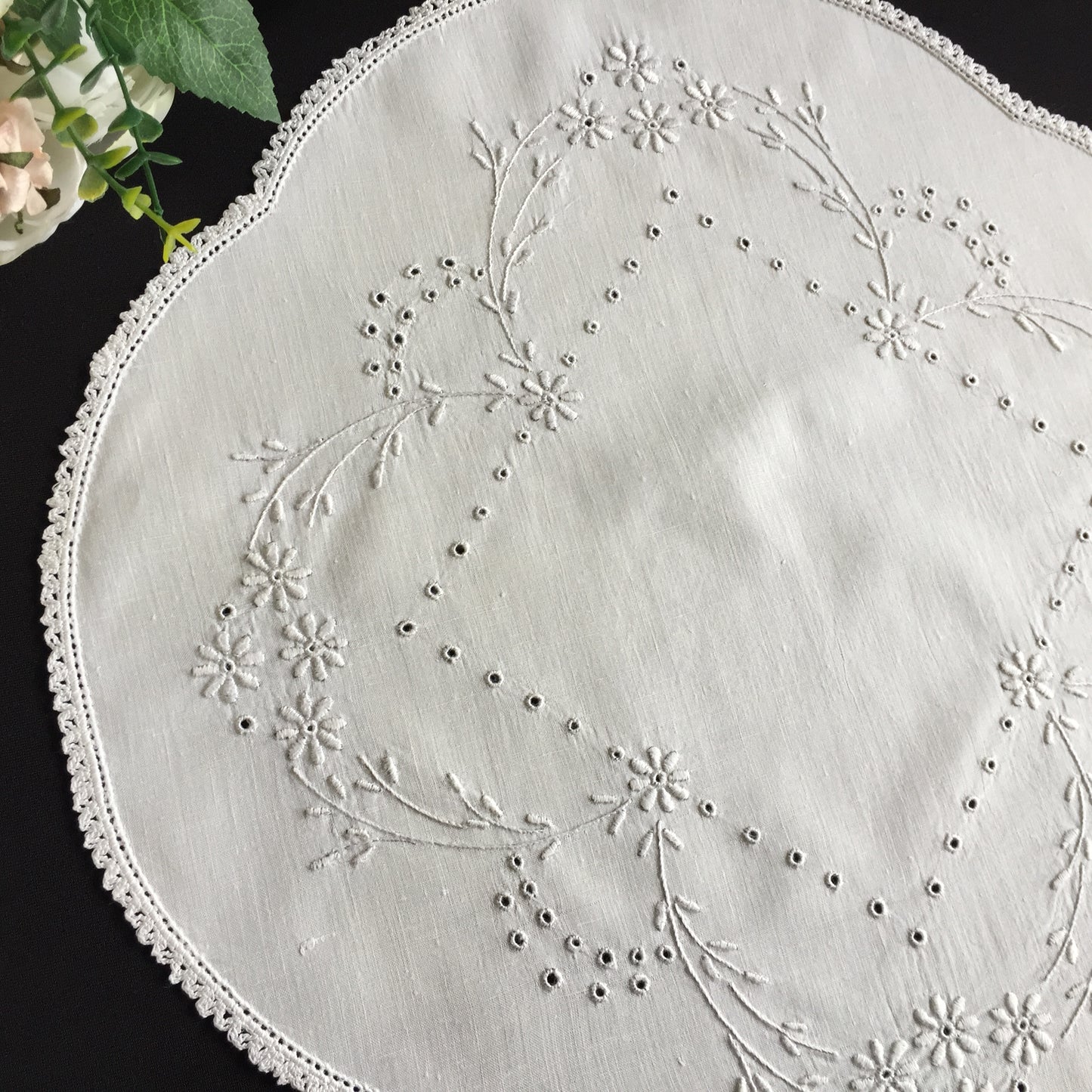 Antique Hand Embroidered Broderie Anglaise White 16" Table Centre Doily