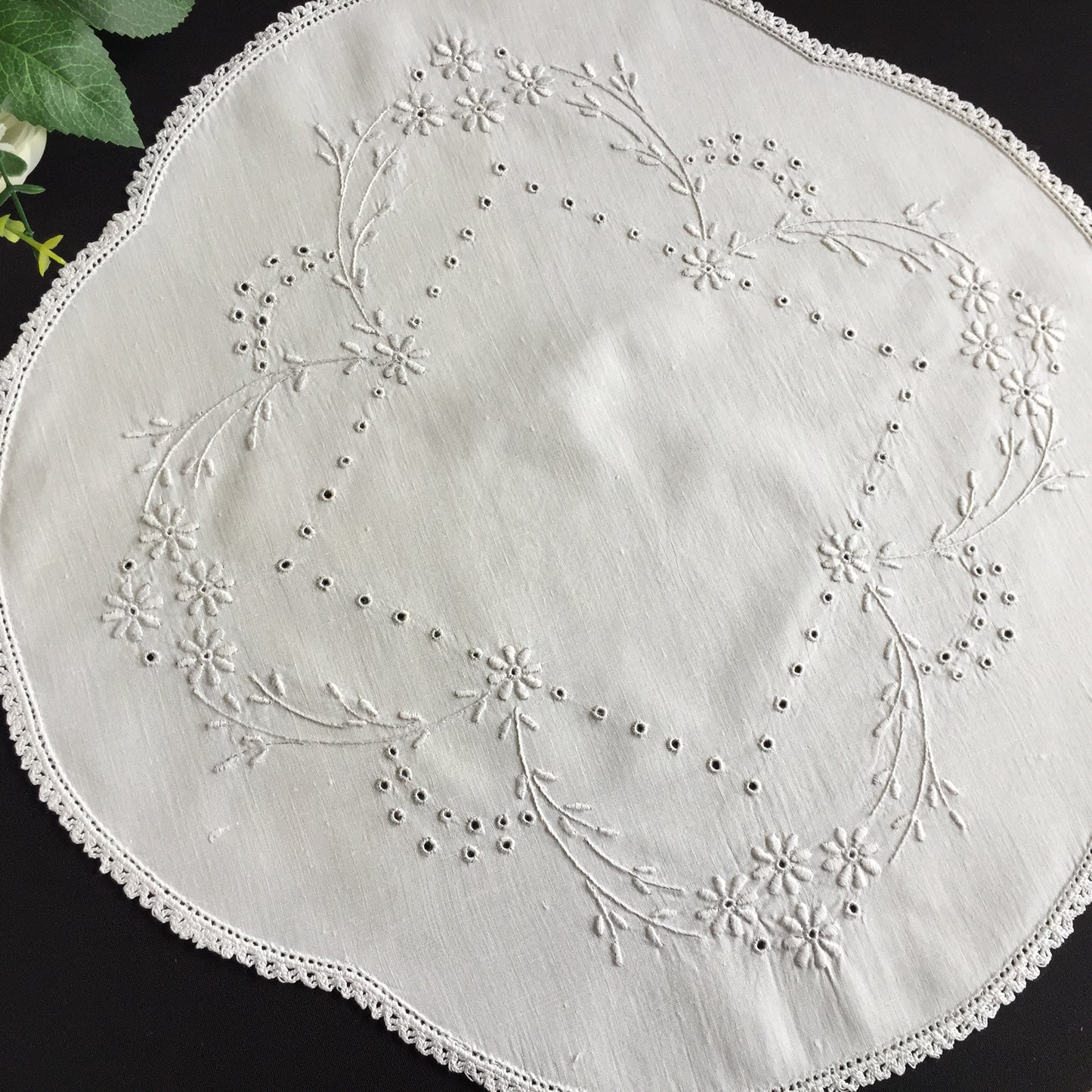 Antique Hand Embroidered Broderie Anglaise White 16" Table Centre Doily
