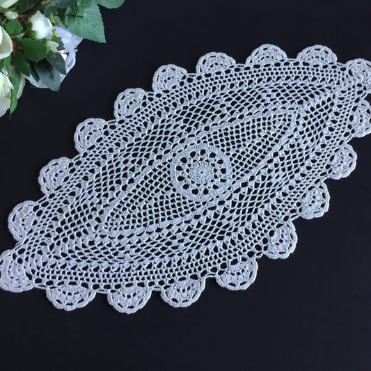 Vintage Oblong Off-white Cotton Crochet Lace Table Centre Doily | Tray Cloth