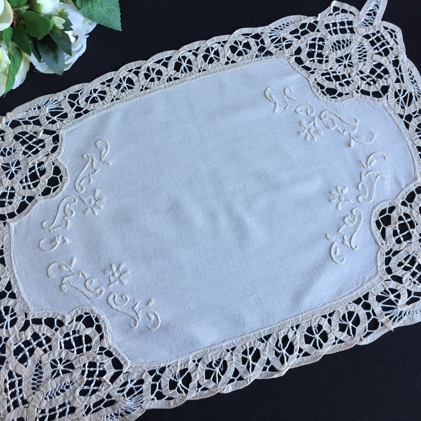 Hand Embroidered Beige Tray Cloth Doily | Table Centre Mat with Battenburg Lace
