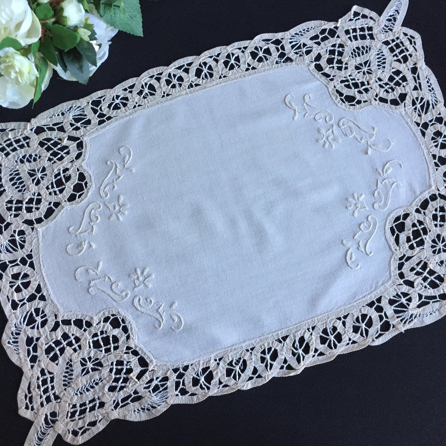 Hand Embroidered Beige Tray Cloth Doily | Table Centre Mat with Battenburg Lace