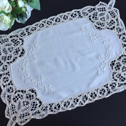 Hand Embroidered Beige Tray Cloth Doily | Table Centre Mat with Battenburg Lace