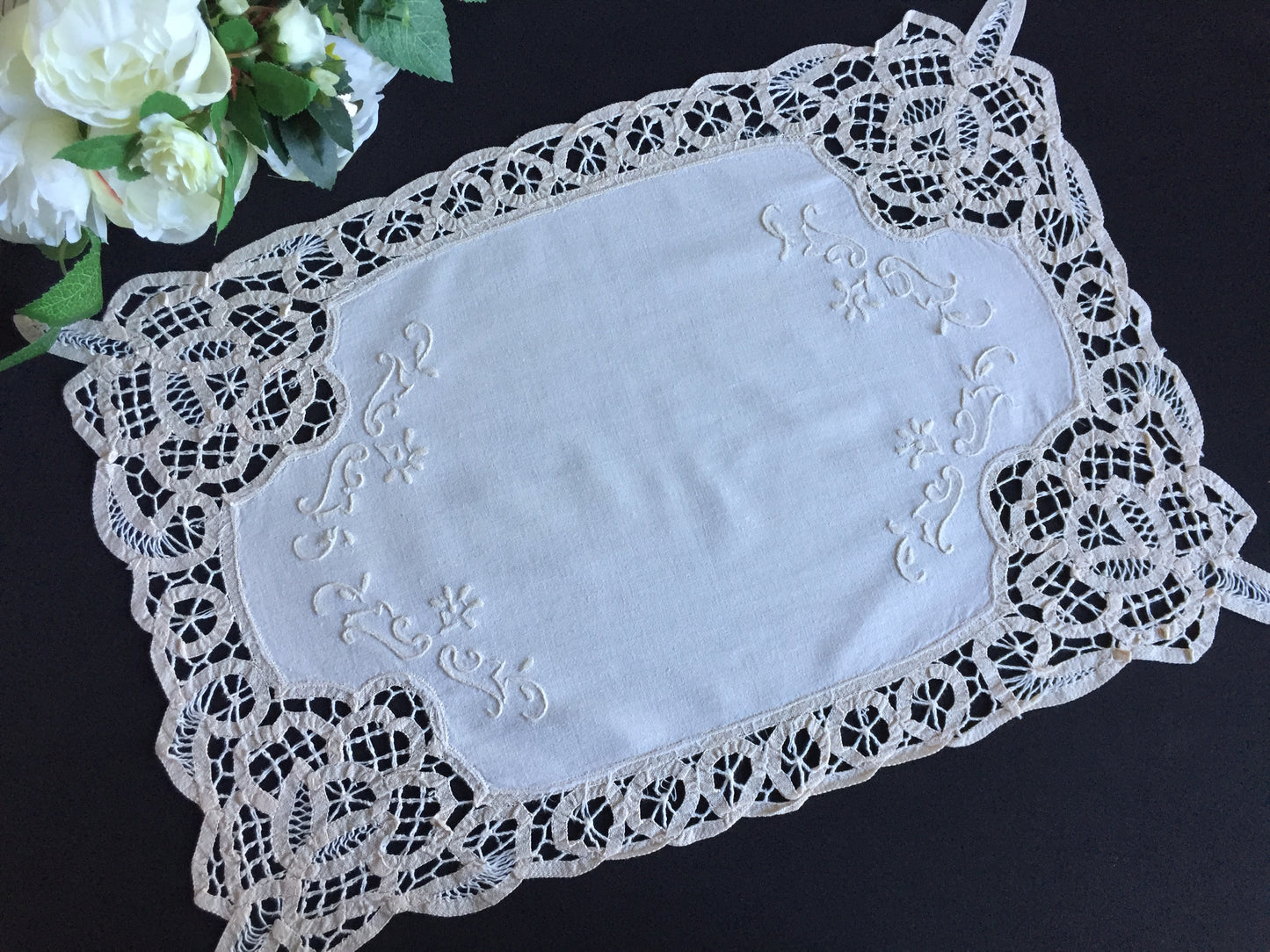 Hand Embroidered Beige Tray Cloth Doily | Table Centre Mat with Battenburg Lace