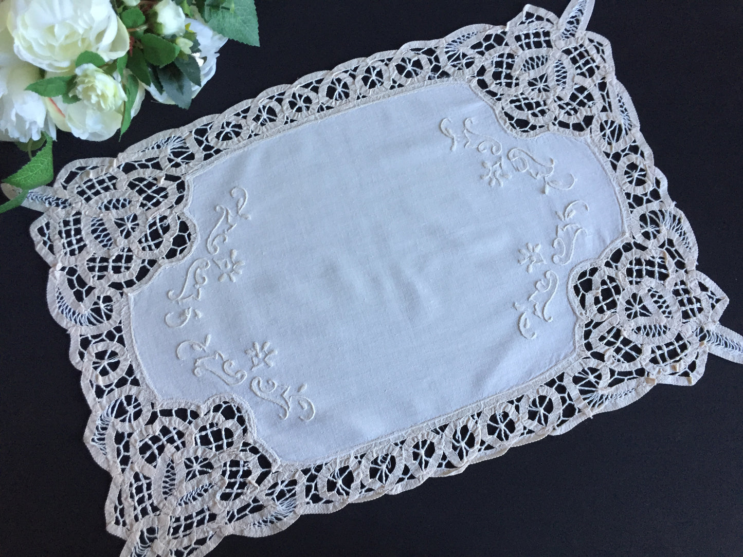 Hand Embroidered Beige Tray Cloth Doily | Table Centre Mat with Battenburg Lace