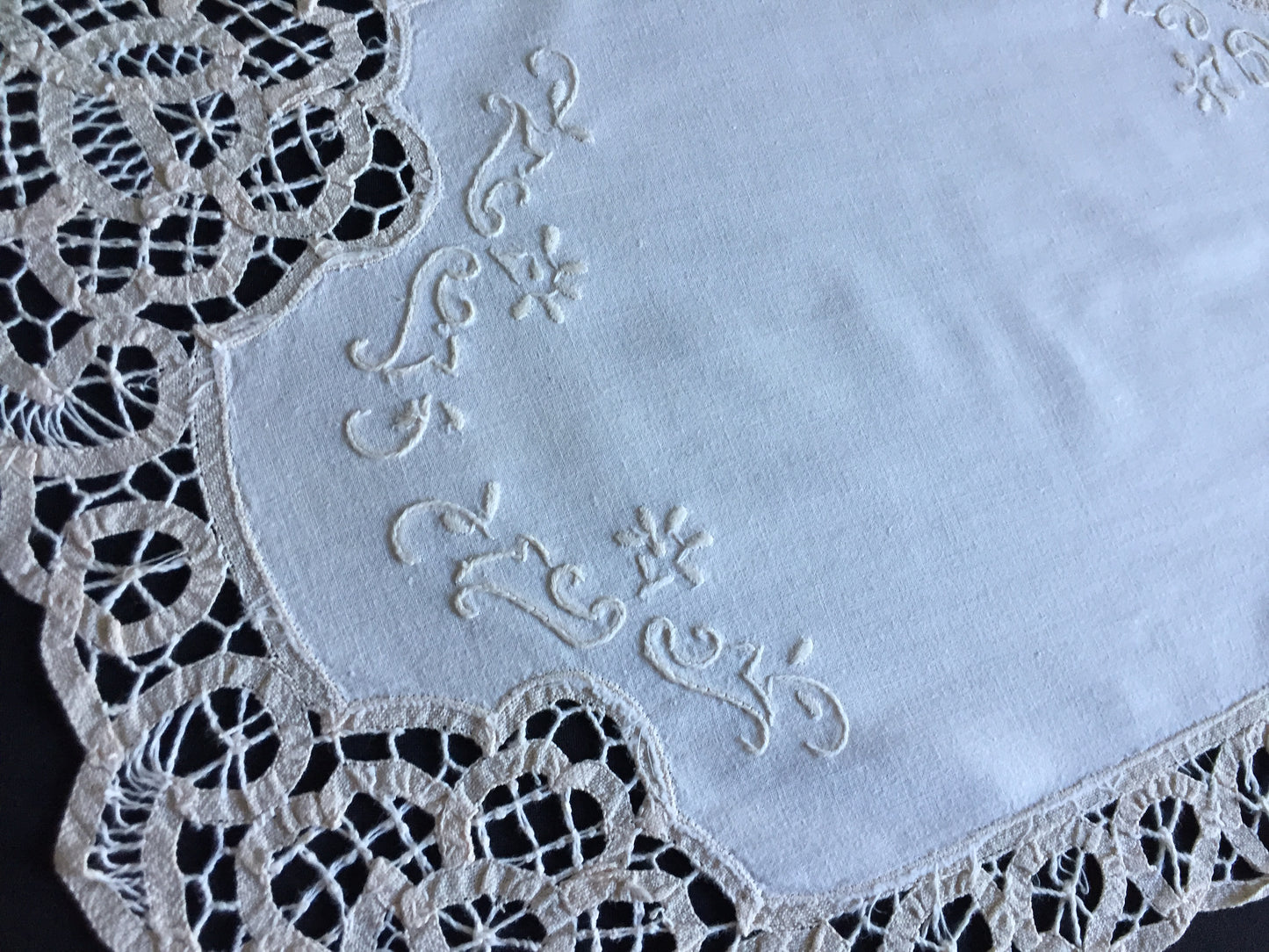 Hand Embroidered Beige Tray Cloth Doily | Table Centre Mat with Battenburg Lace