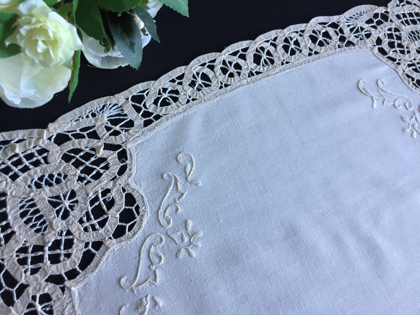Hand Embroidered Beige Tray Cloth Doily | Table Centre Mat with Battenburg Lace