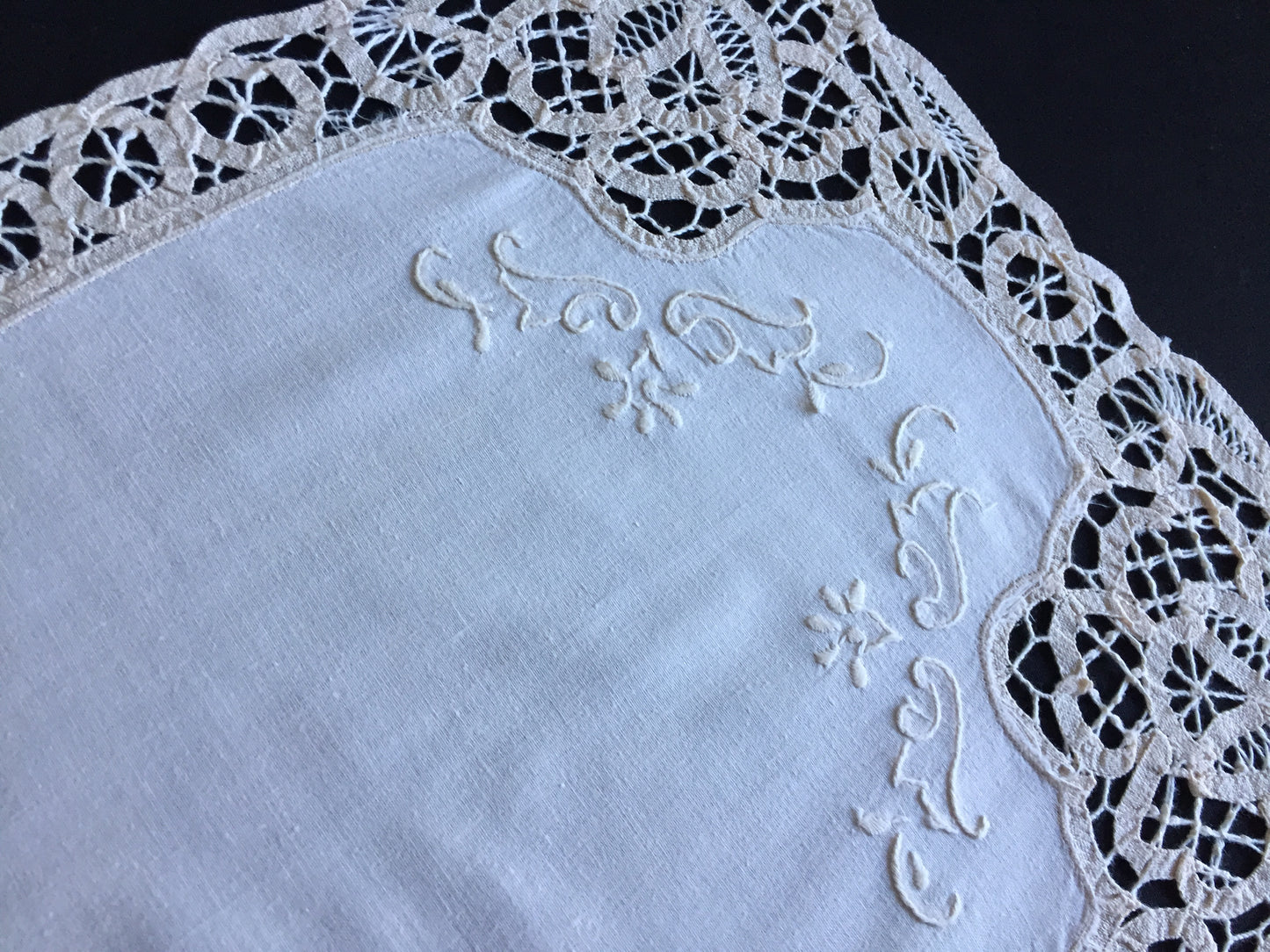 Hand Embroidered Beige Tray Cloth Doily | Table Centre Mat with Battenburg Lace