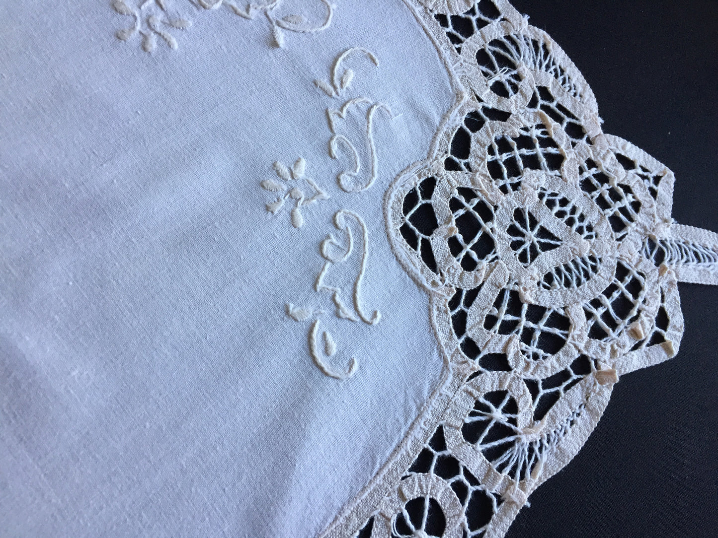Hand Embroidered Beige Tray Cloth Doily | Table Centre Mat with Battenburg Lace