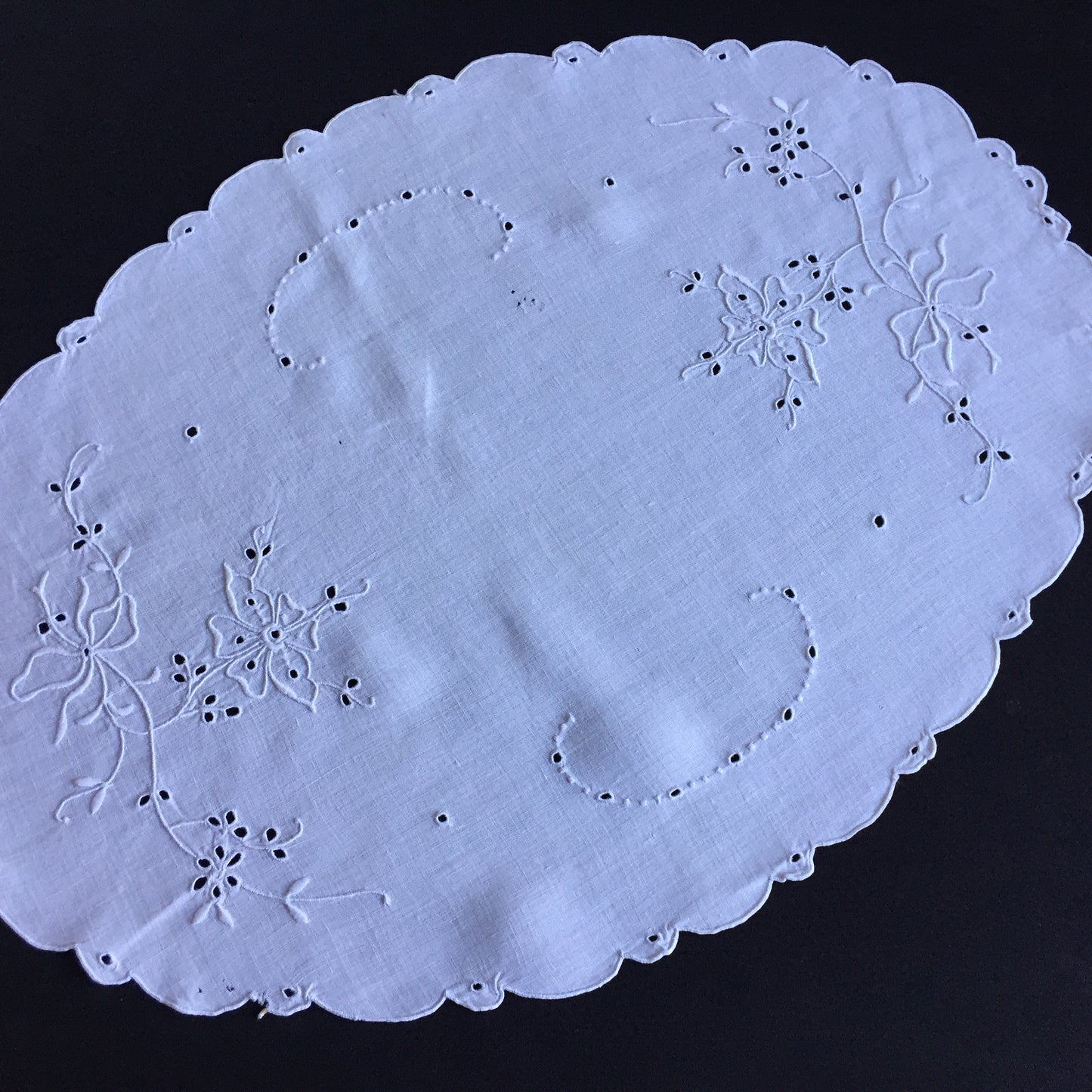 Edwardian Antique Hand Embroidered White Broderie Anglaise Doily