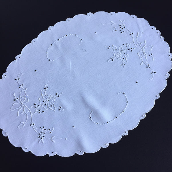 Edwardian Antique Hand Embroidered White Broderie Anglaise Doily