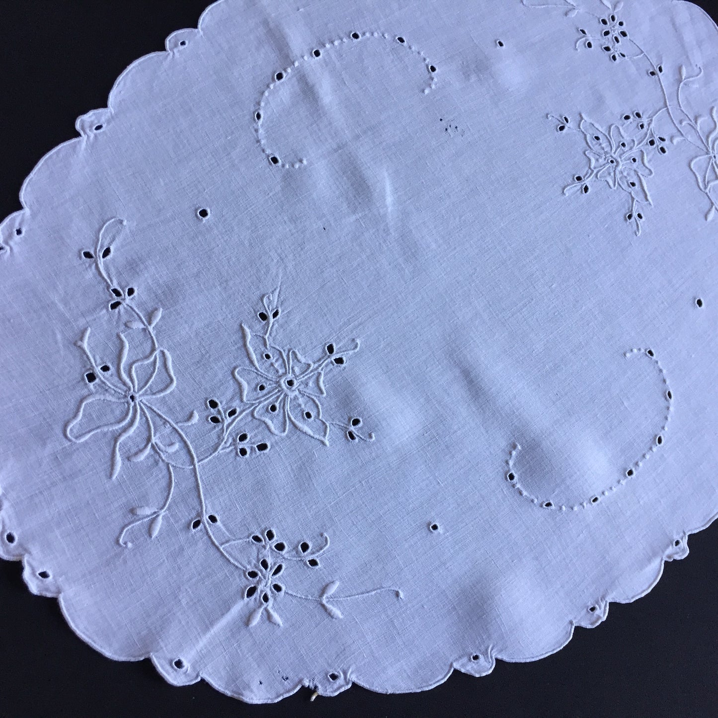 Edwardian Antique Hand Embroidered White Broderie Anglaise Doily
