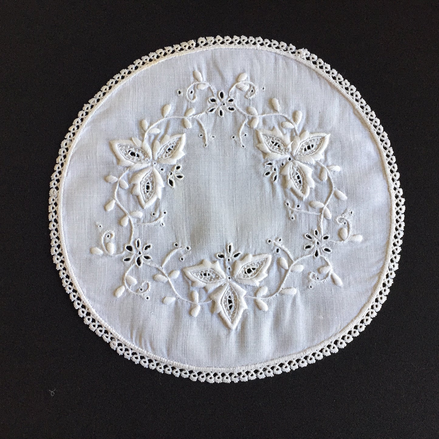 Edwardian Antique Hand Embroidered Cutwork Broderie Anglaise Doily