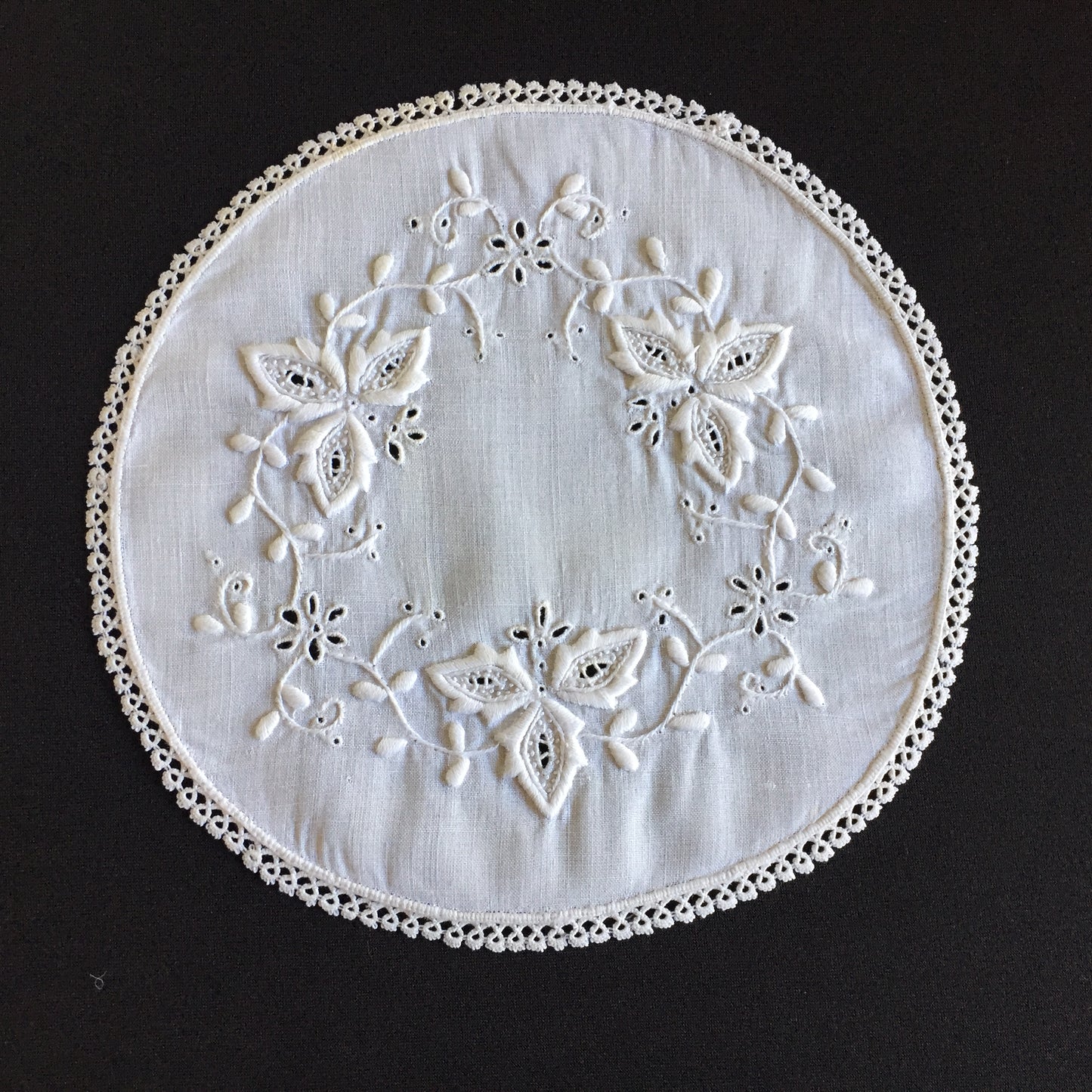 Edwardian Antique Hand Embroidered Cutwork Broderie Anglaise Doily