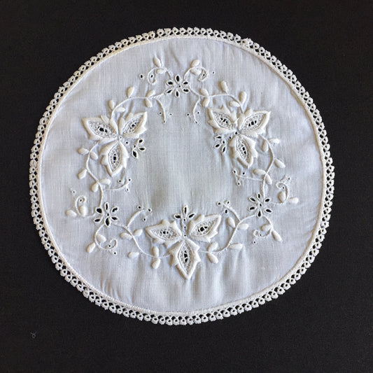 Edwardian Antique Hand Embroidered Cutwork Broderie Anglaise Doily