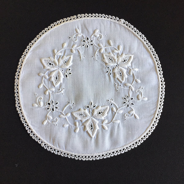 Edwardian Antique Hand Embroidered Cutwork Broderie Anglaise Doily