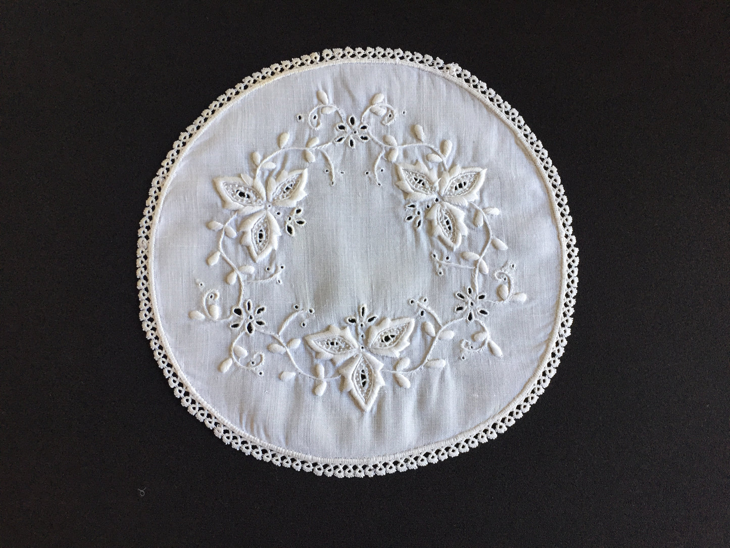 Edwardian Antique Hand Embroidered Cutwork Broderie Anglaise Doily