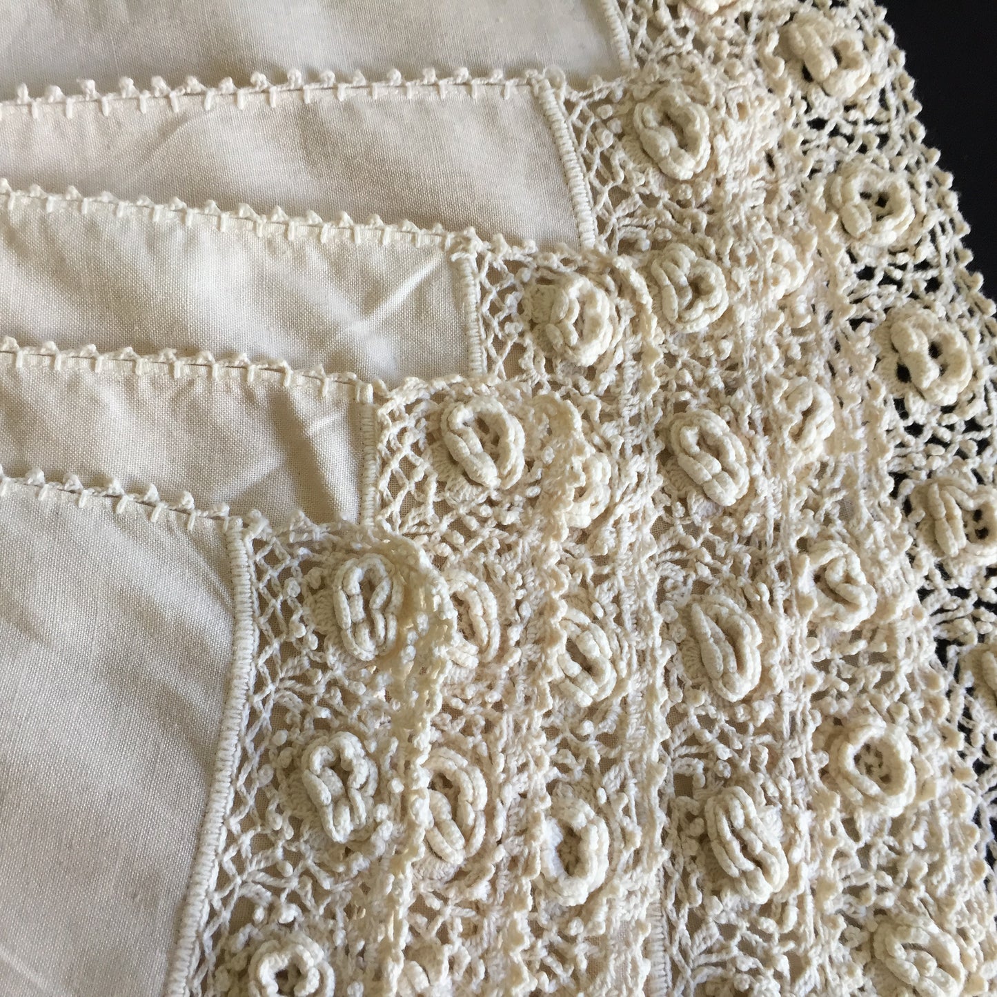 Set of 6 Vintage Beige Cotton Placemats with 3D Roses Crochet Lace Edging