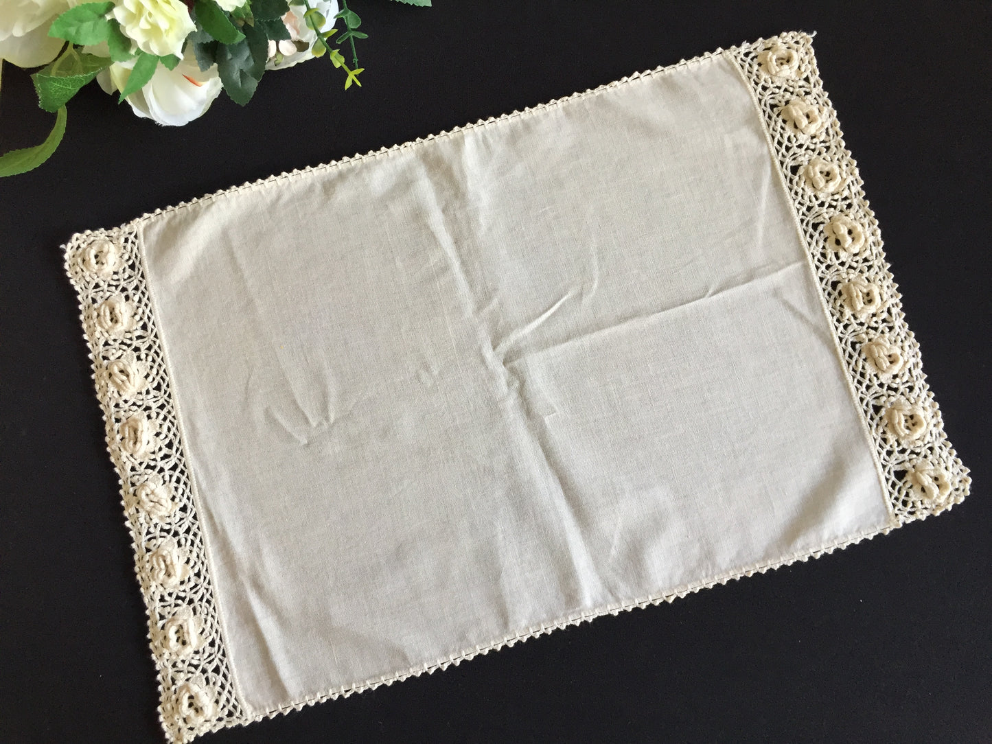 Set of 6 Vintage Beige Cotton Placemats with 3D Roses Crochet Lace Edging