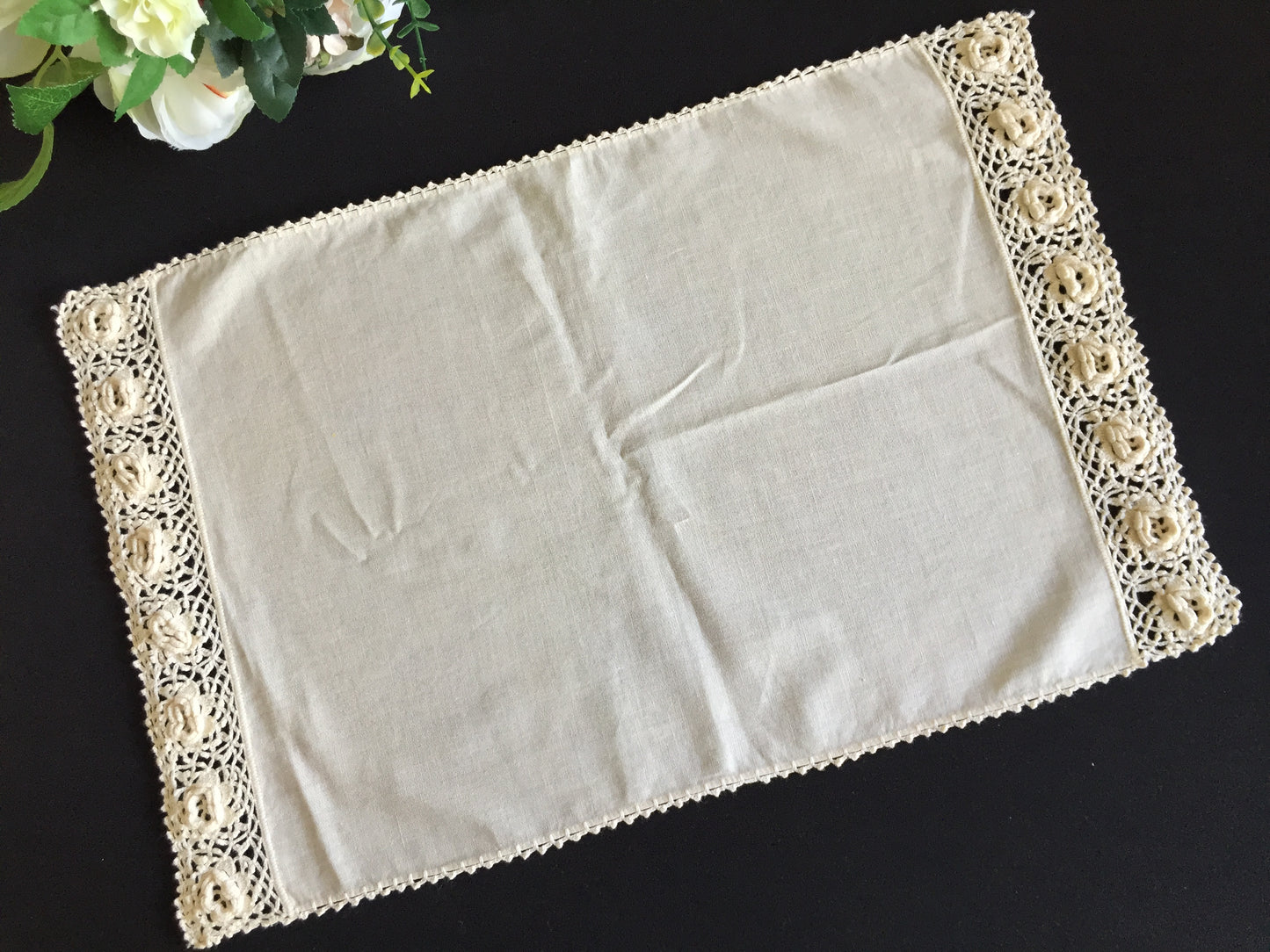 Set of 6 Vintage Beige Cotton Placemats with 3D Roses Crochet Lace Edging