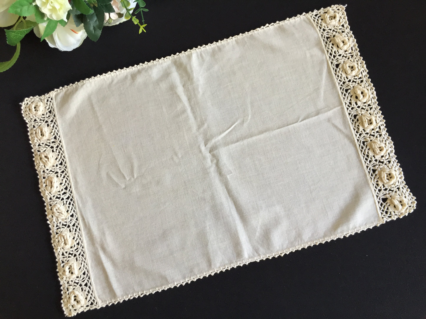 Set of 6 Vintage Beige Cotton Placemats with 3D Roses Crochet Lace Edging