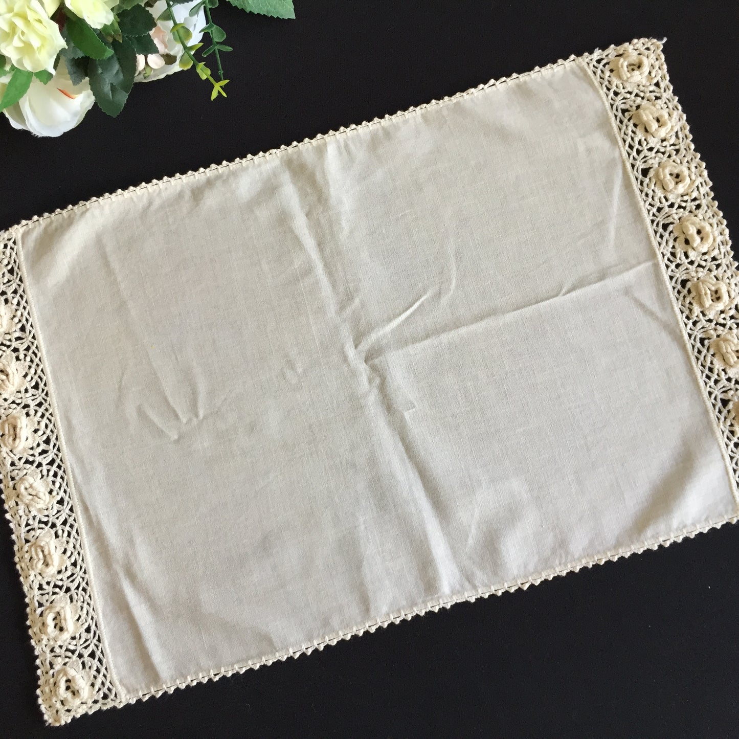 Set of 6 Vintage Beige Cotton Placemats with 3D Roses Crochet Lace Edging
