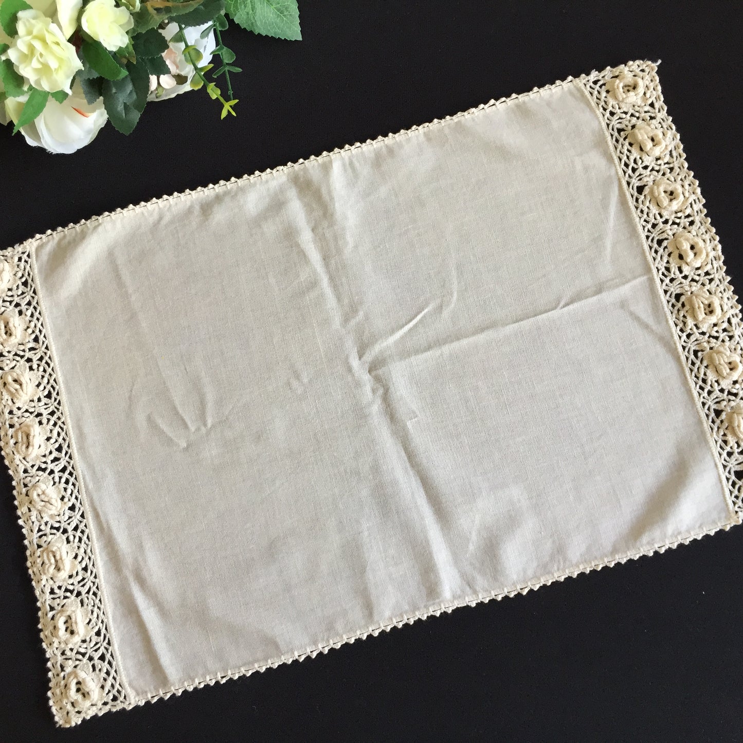 Set of 6 Vintage Beige Cotton Placemats with 3D Roses Crochet Lace Edging