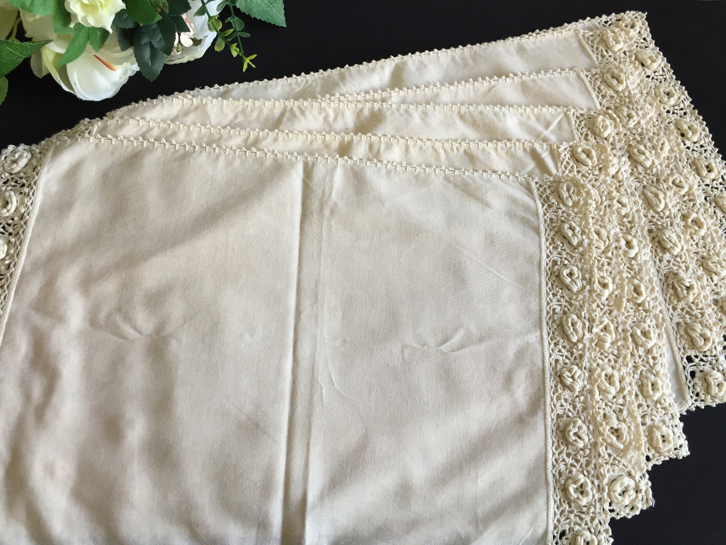 Set of 6 Vintage Beige Cotton Placemats with 3D Roses Crochet Lace Edging