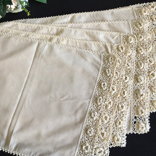 Set of 6 Vintage Beige Cotton Placemats with 3D Roses Crochet Lace Edging