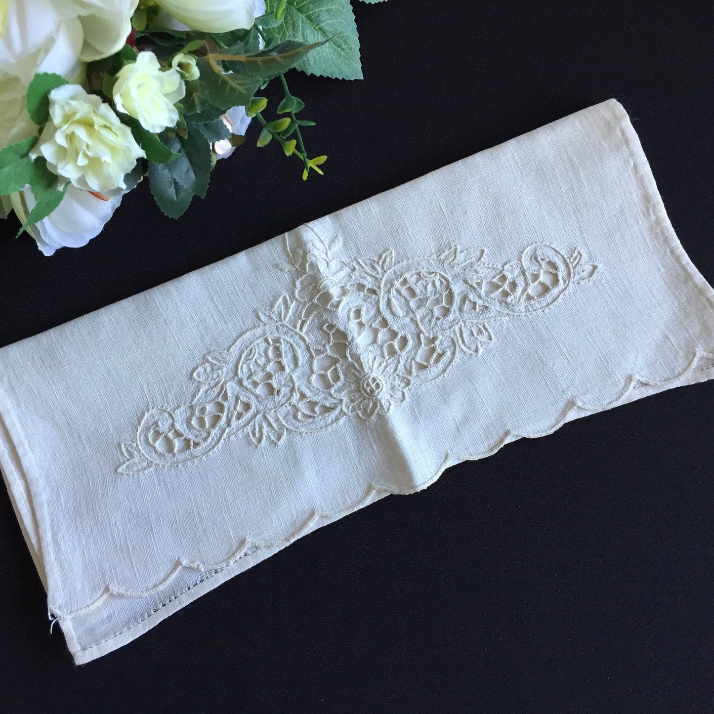 Antique Madeira Hand Embroidered Towel with Scalloped Edge