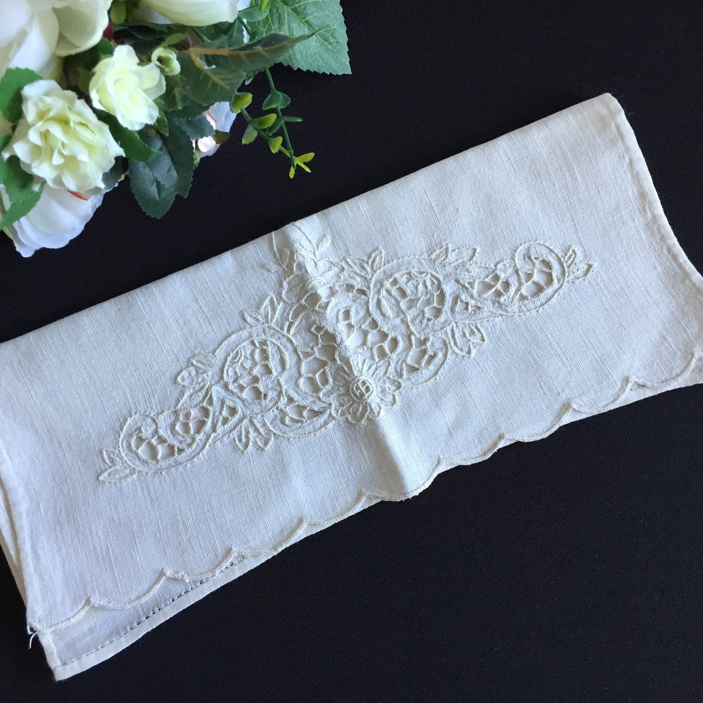Antique Madeira Hand Embroidered Towel with Scalloped Edge