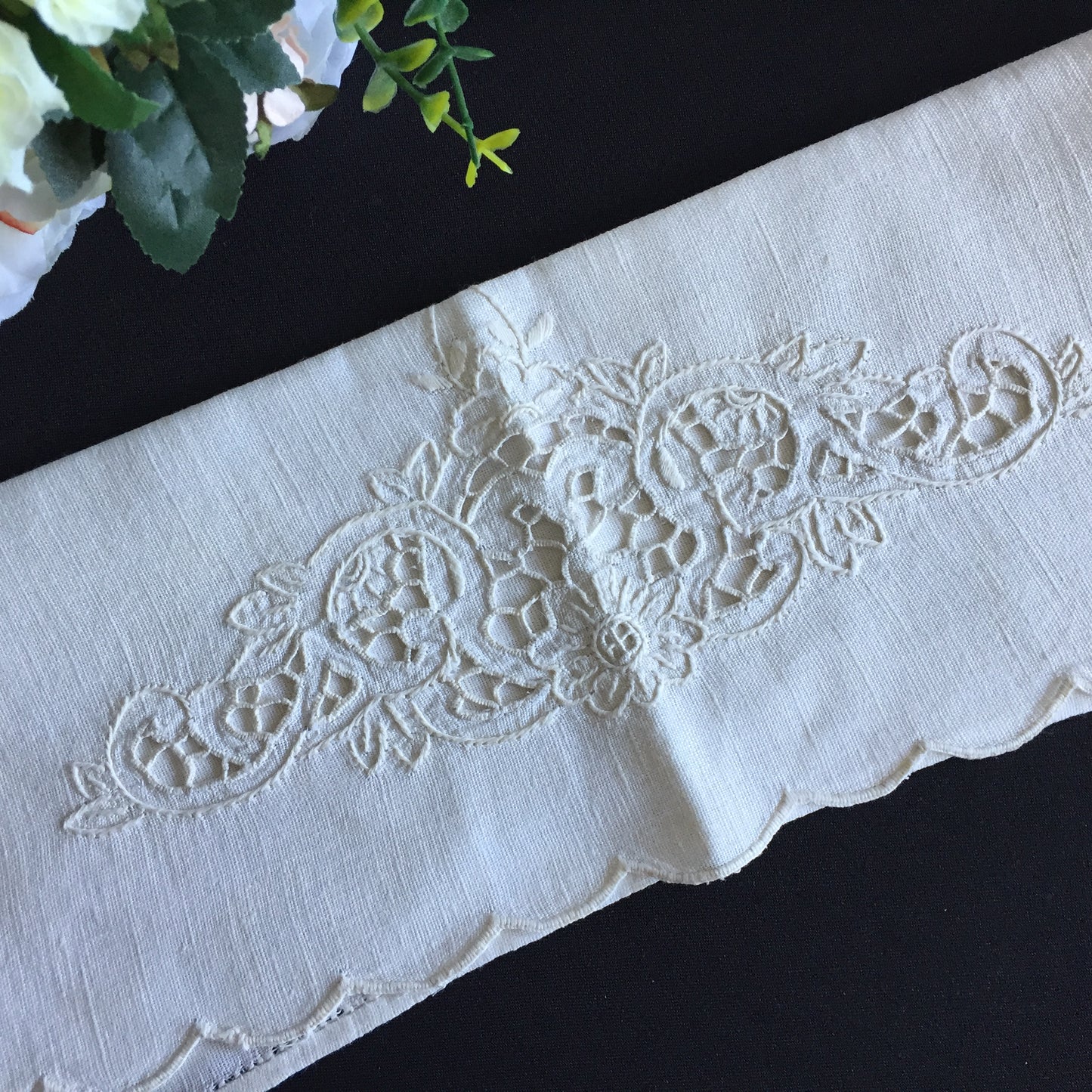 Antique Madeira Hand Embroidered Towel with Scalloped Edge