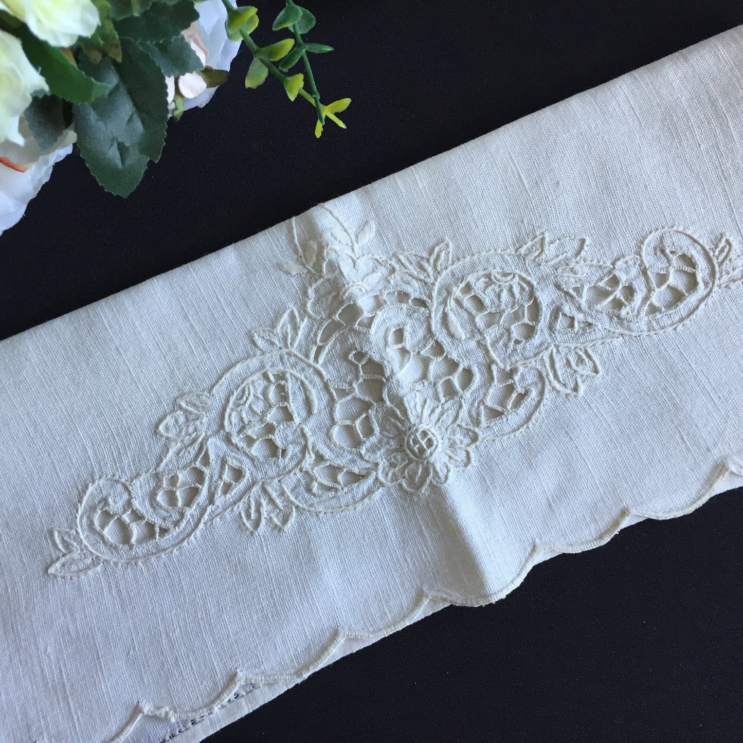 Antique Madeira Hand Embroidered Towel with Scalloped Edge