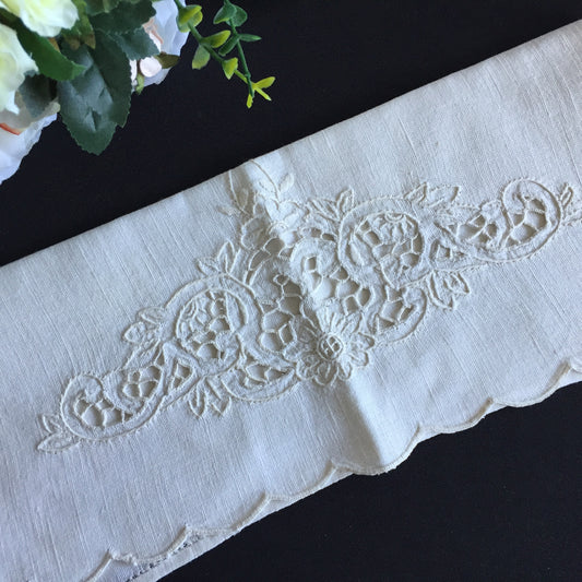 Antique Madeira Hand Embroidered Towel with Scalloped Edge
