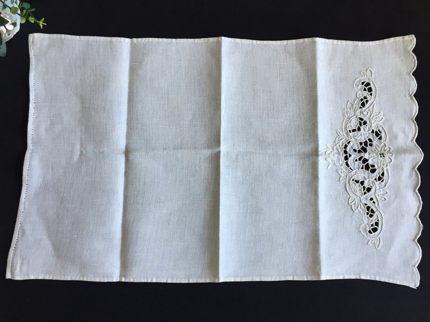 Antique Madeira Hand Embroidered Towel with Scalloped Edge