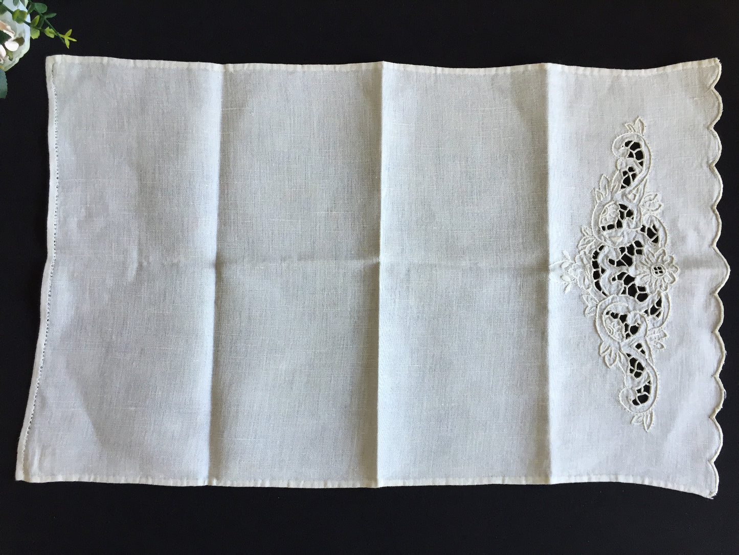 Antique Madeira Hand Embroidered Towel with Scalloped Edge