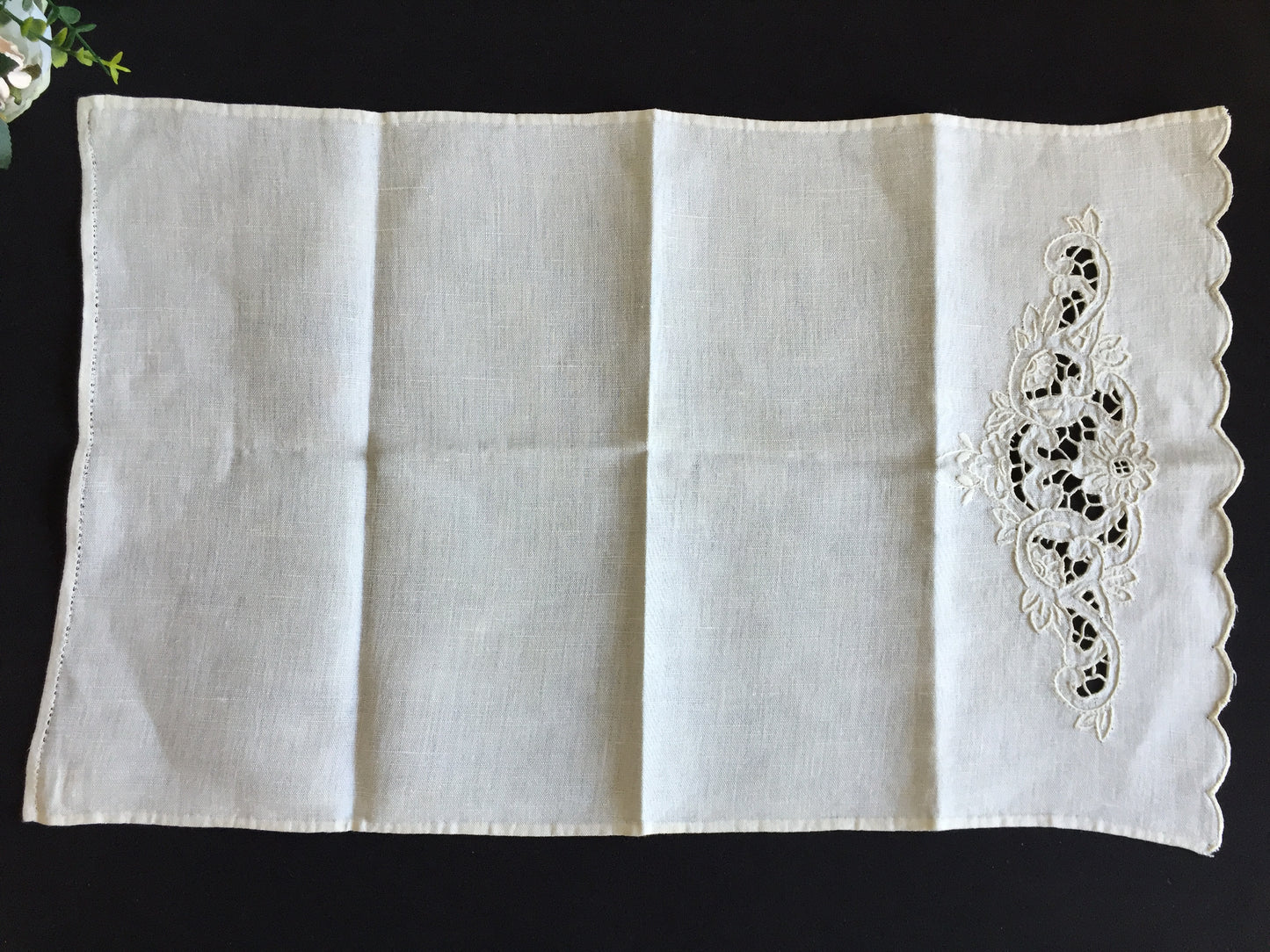 Antique Madeira Hand Embroidered Towel with Scalloped Edge