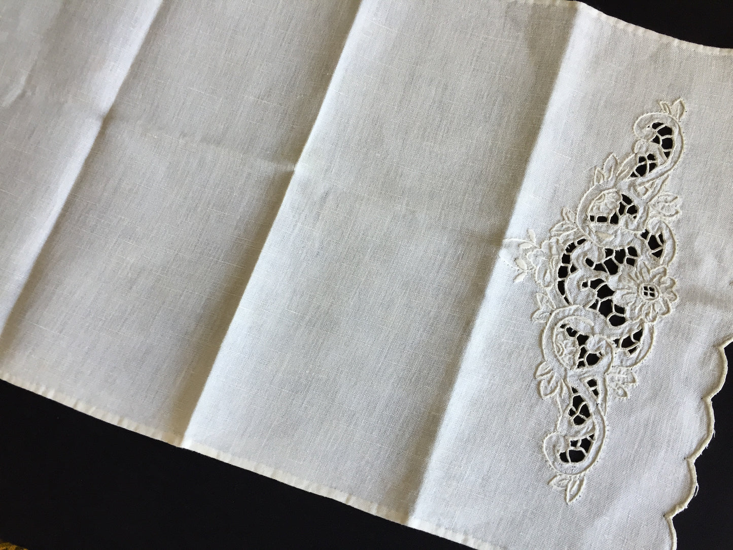 Antique Madeira Hand Embroidered Towel with Scalloped Edge