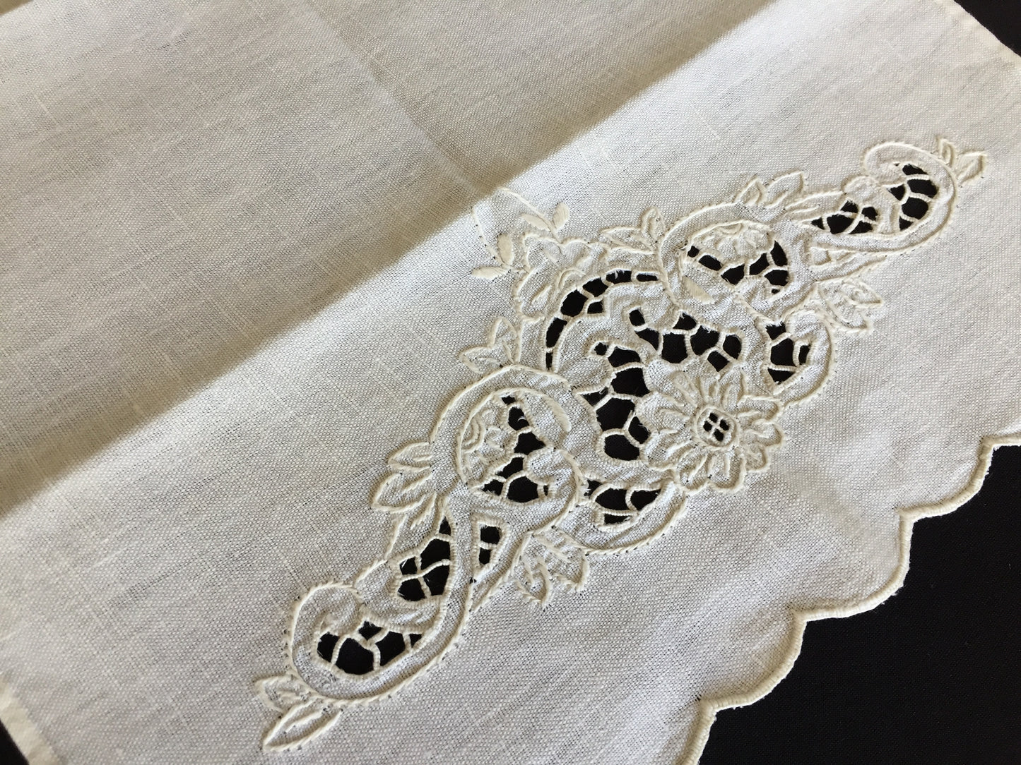Antique Madeira Hand Embroidered Towel with Scalloped Edge