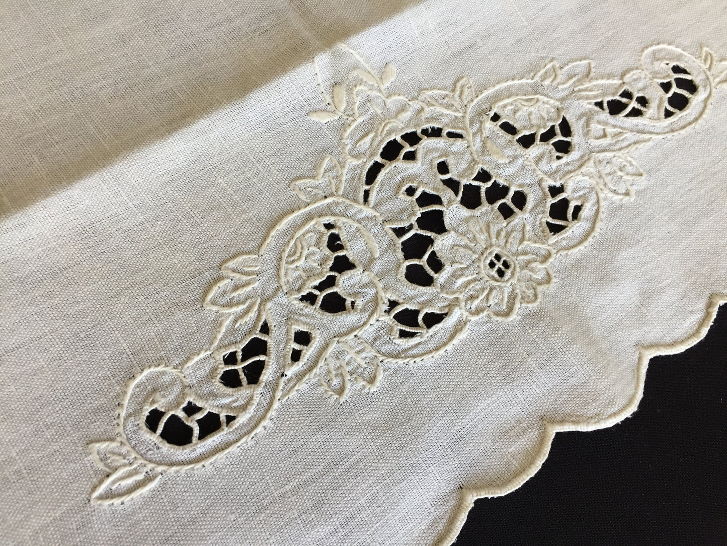 Antique Madeira Hand Embroidered Towel with Scalloped Edge
