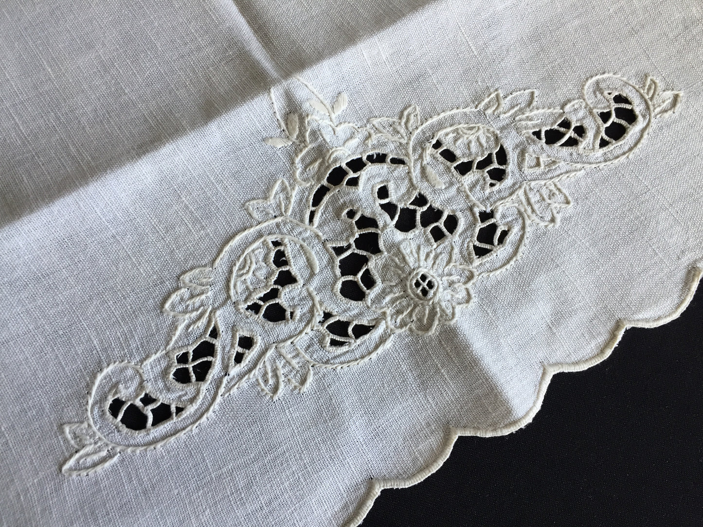 Antique Madeira Hand Embroidered Towel with Scalloped Edge