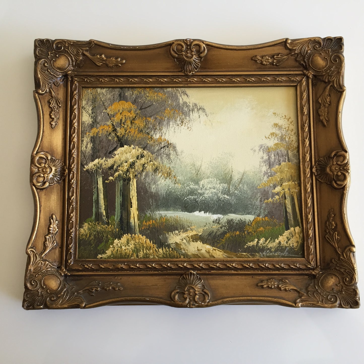 Ornate Gilded Picture Frame with Original Oil Painting: Wilderness Landscape