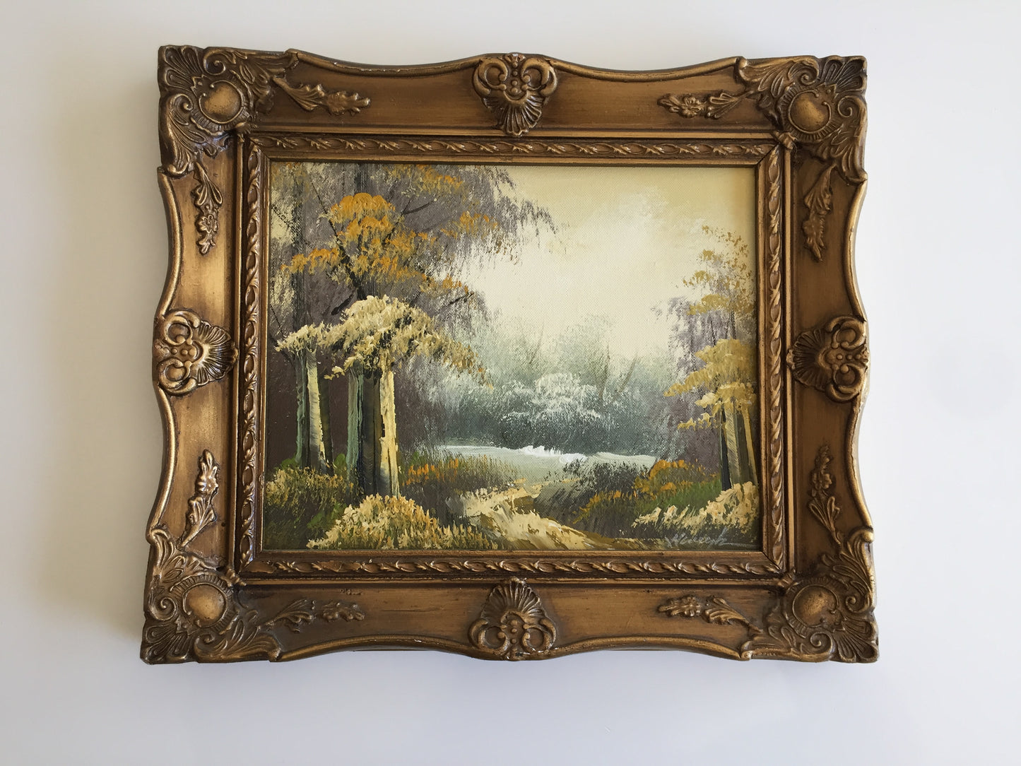 Ornate Gilded Picture Frame with Original Oil Painting: Wilderness Landscape