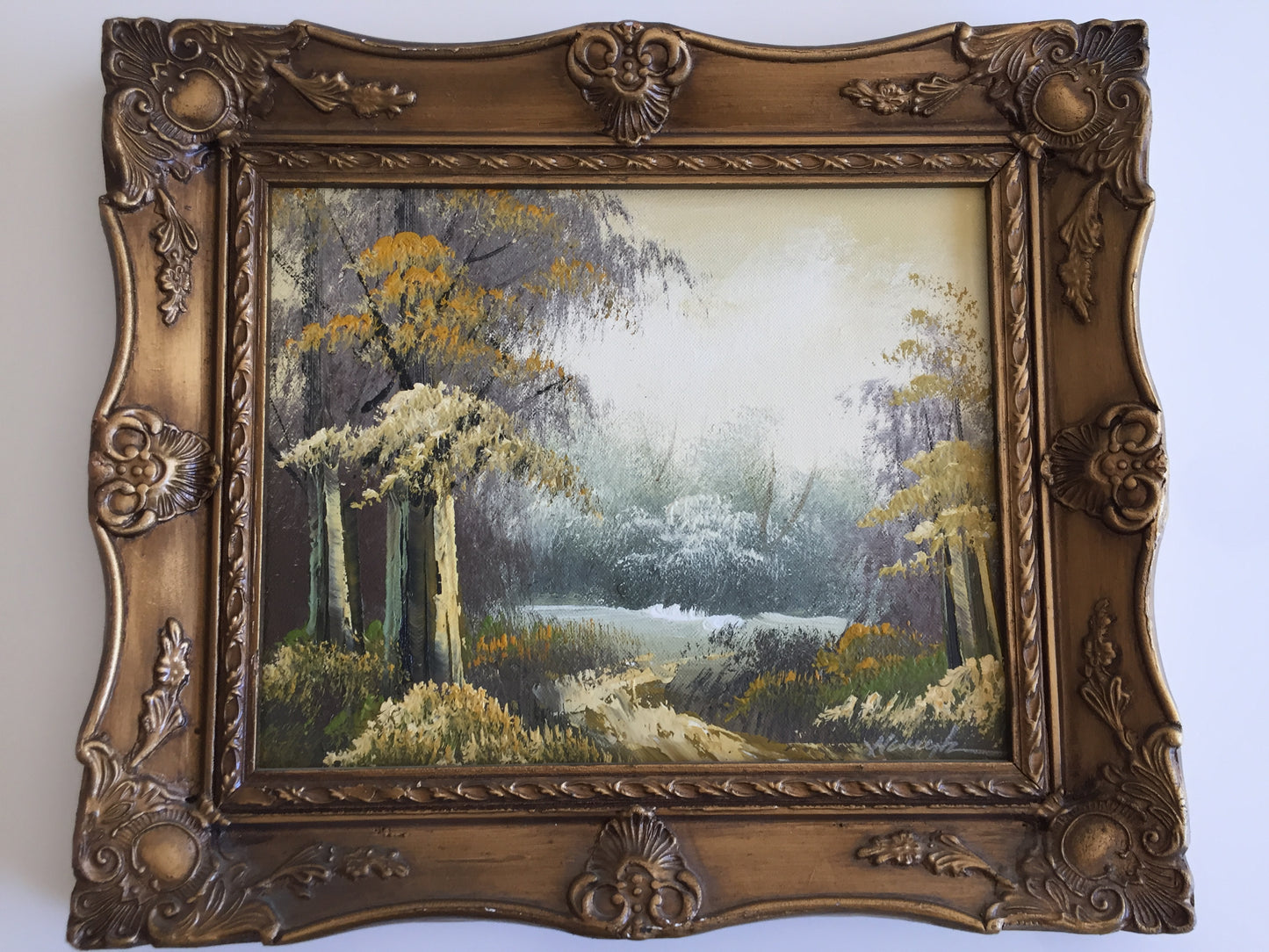 Ornate Gilded Picture Frame with Original Oil Painting: Wilderness Landscape