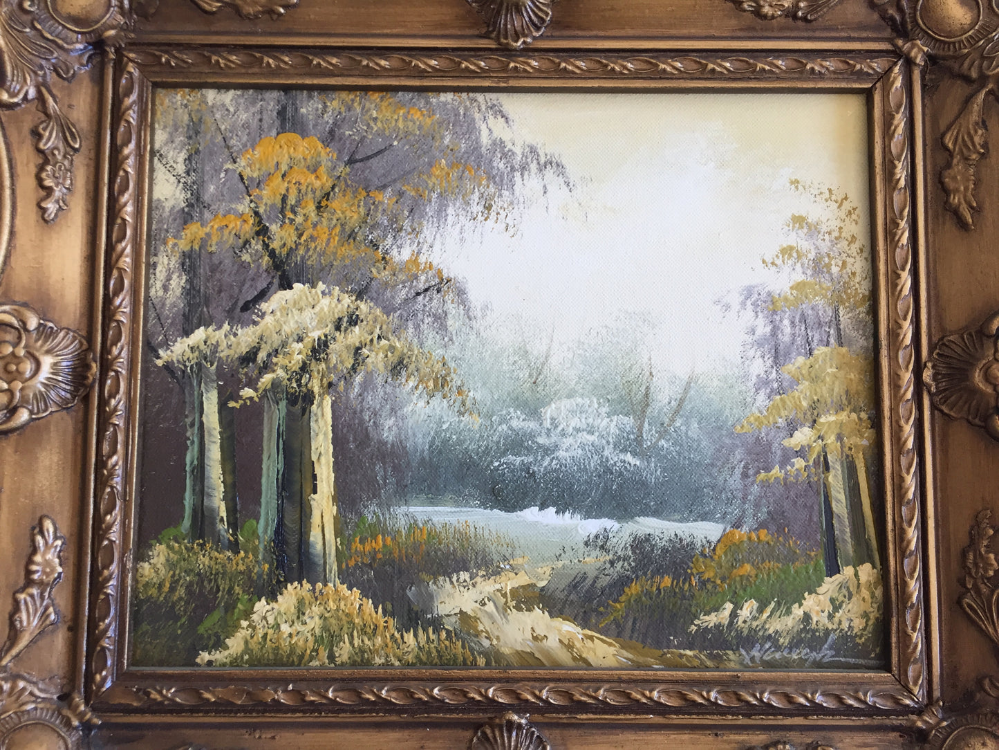 Ornate Gilded Picture Frame with Original Oil Painting: Wilderness Landscape